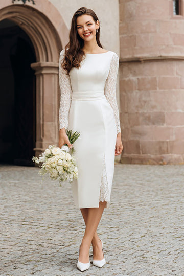 Ivory Sheath Bateau Neck Midi Engagement Dress